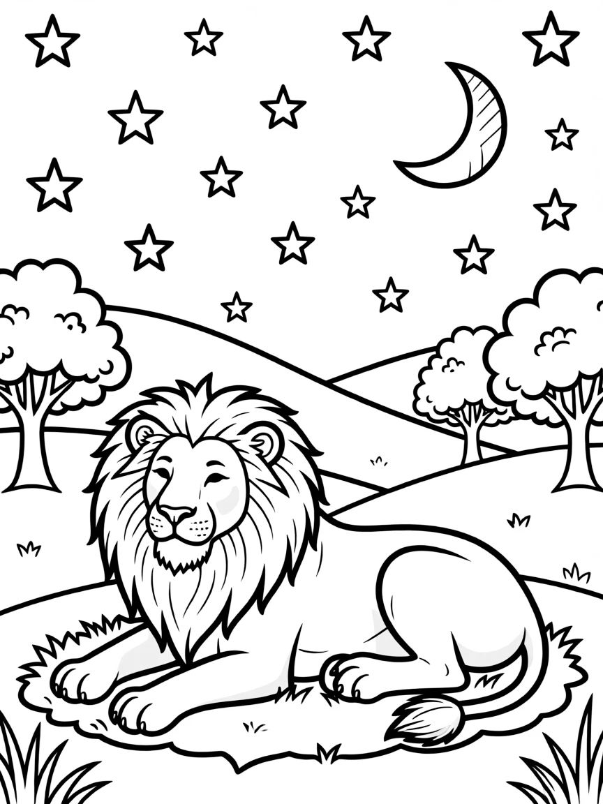 A lion resting under a starry sky.