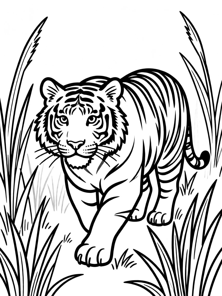 A tiger stalking prey in tall grass.