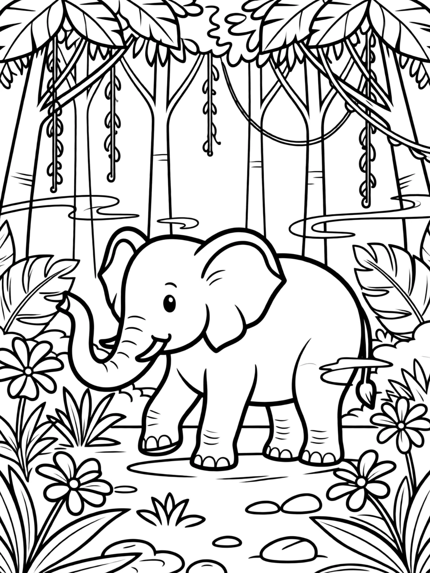 An elephant walking through a misty jungle.