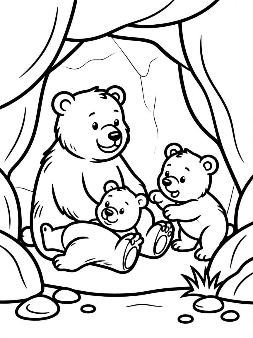 A bear family resting in a cave.