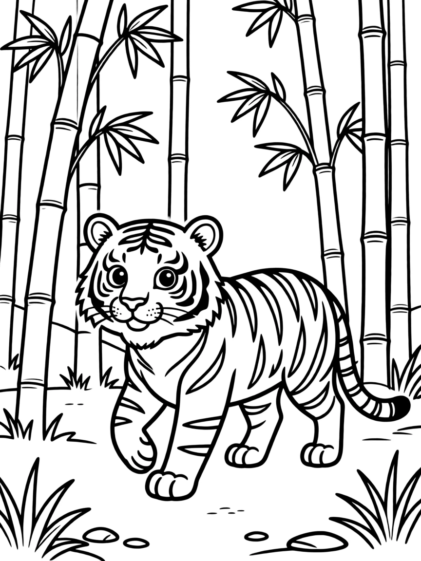 A tiger walking through a bamboo forest.