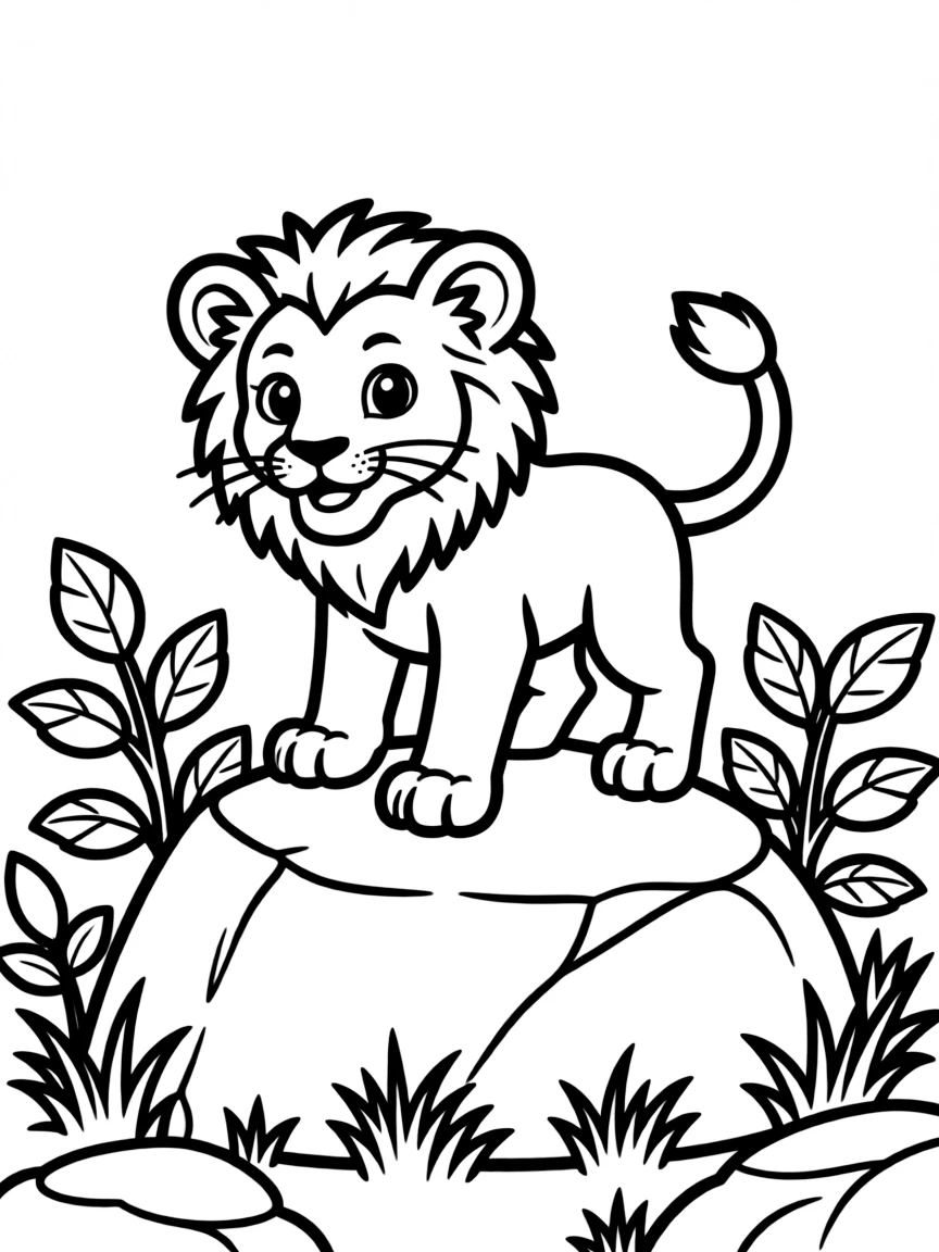 A lion cub exploring a rocky outcrop.