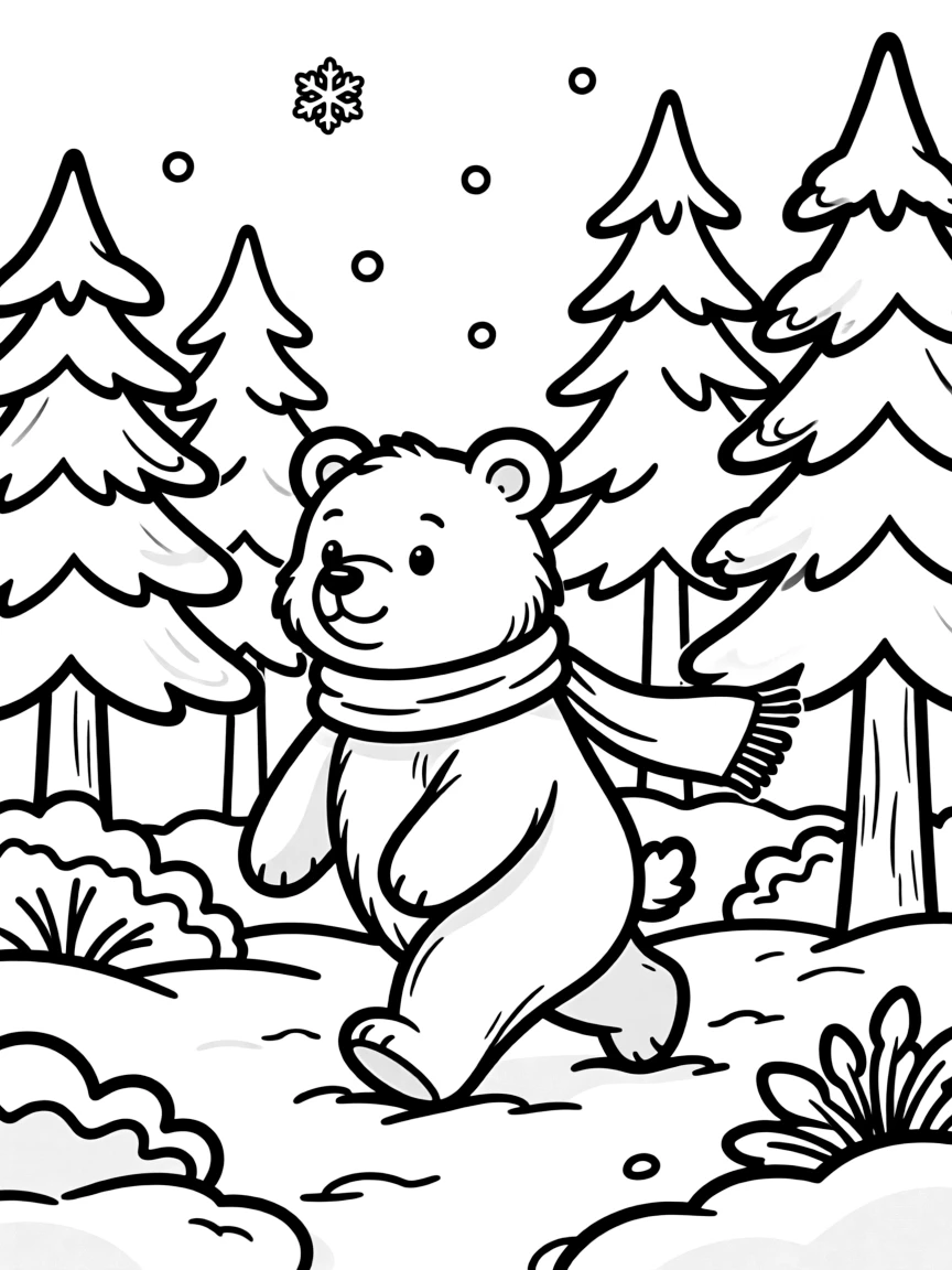 A bear walking through a snowy forest.