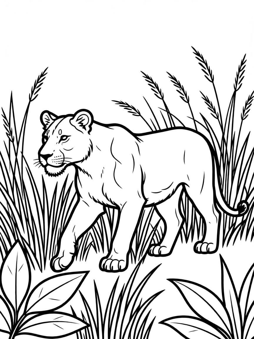 A lioness hunting in tall grass.