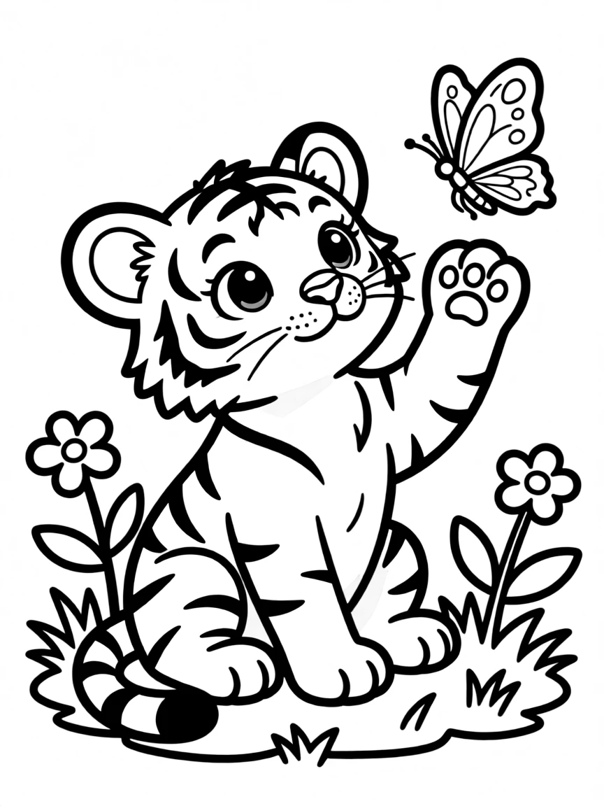 A tiger cub playing with a butterfly.