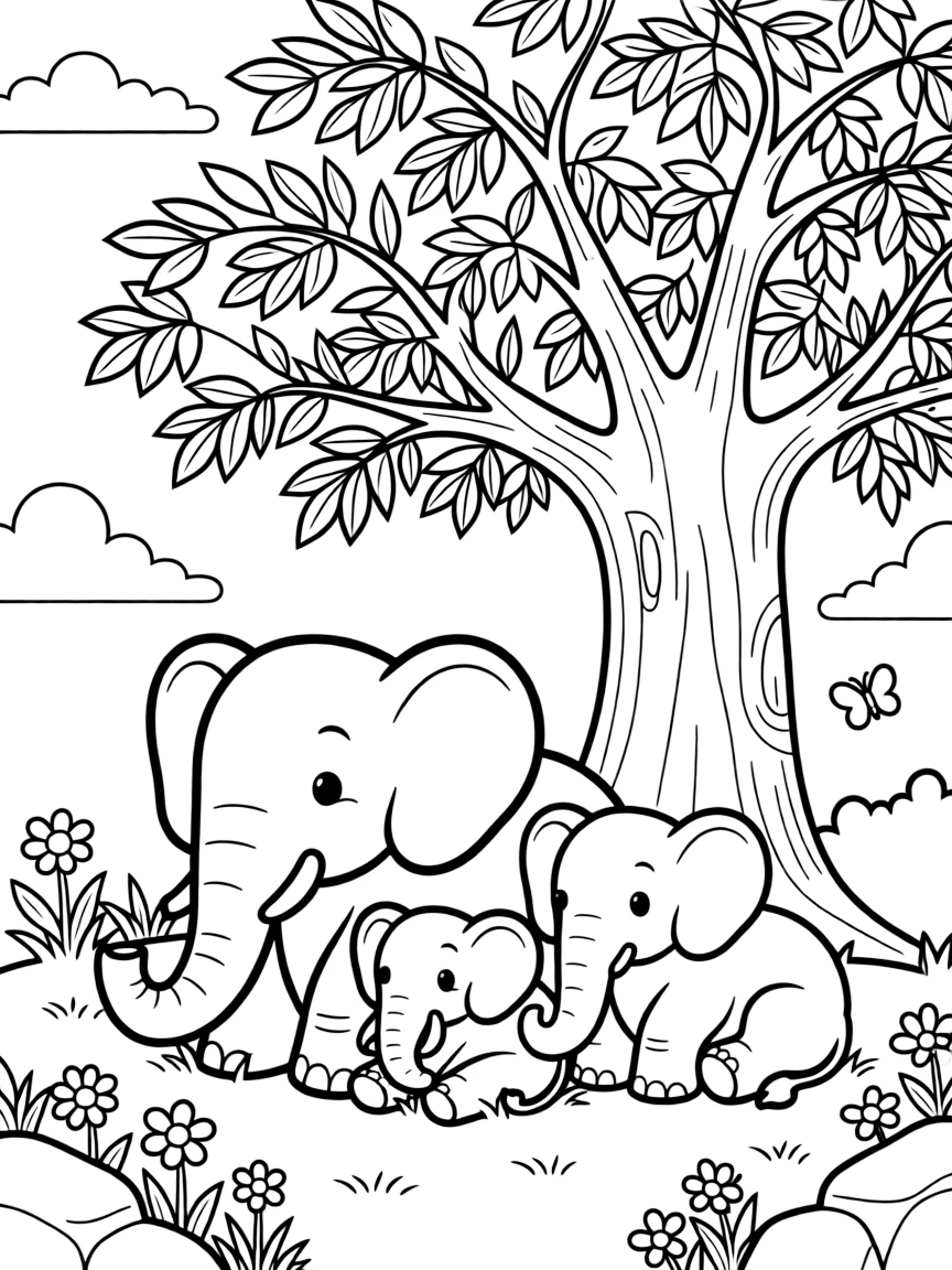 An elephant family resting under a large tree.