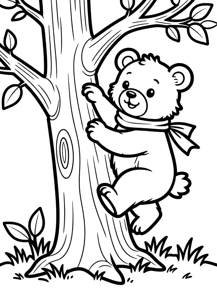 A bear cub climbing a tree.