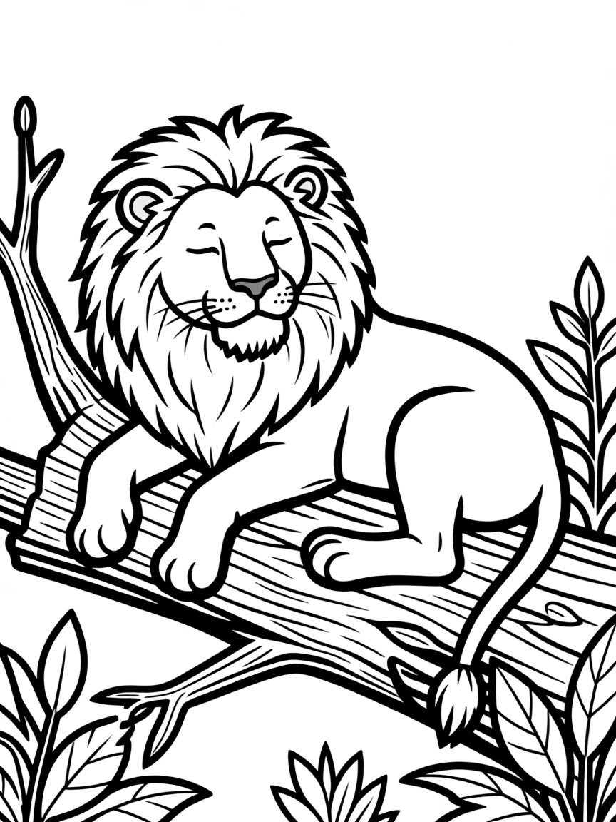 A lion resting on a fallen tree.
