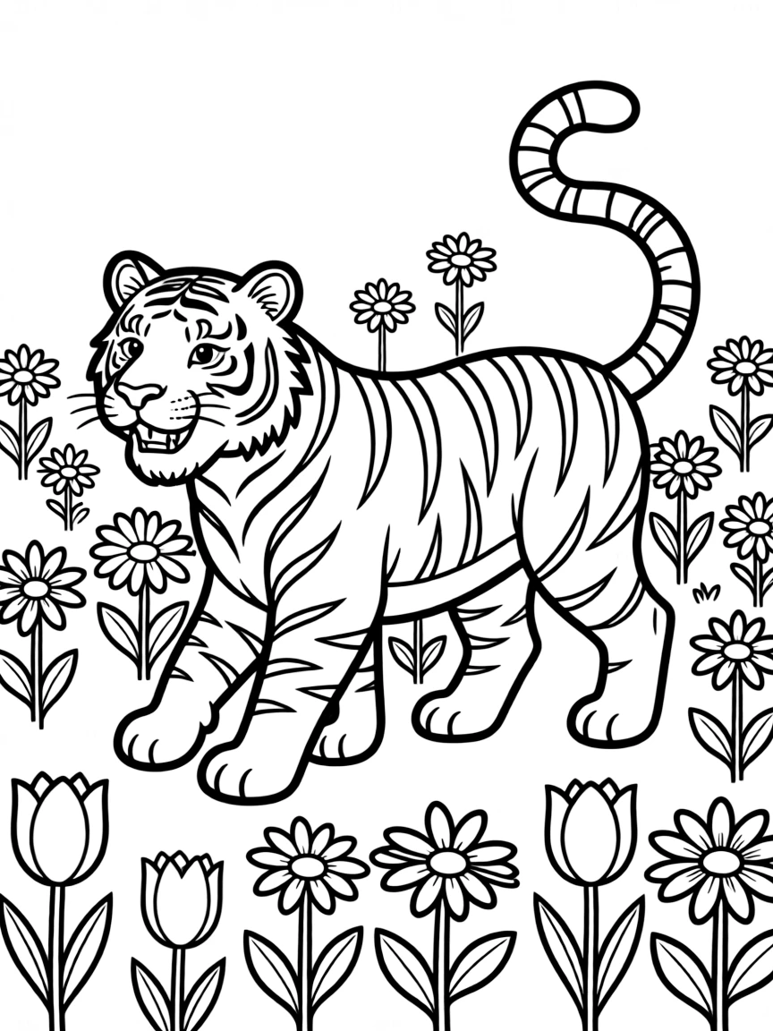 A tiger walking through a field of flowers.