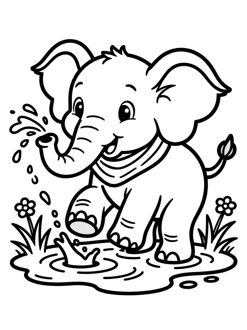 An elephant calf playing in a mud puddle.