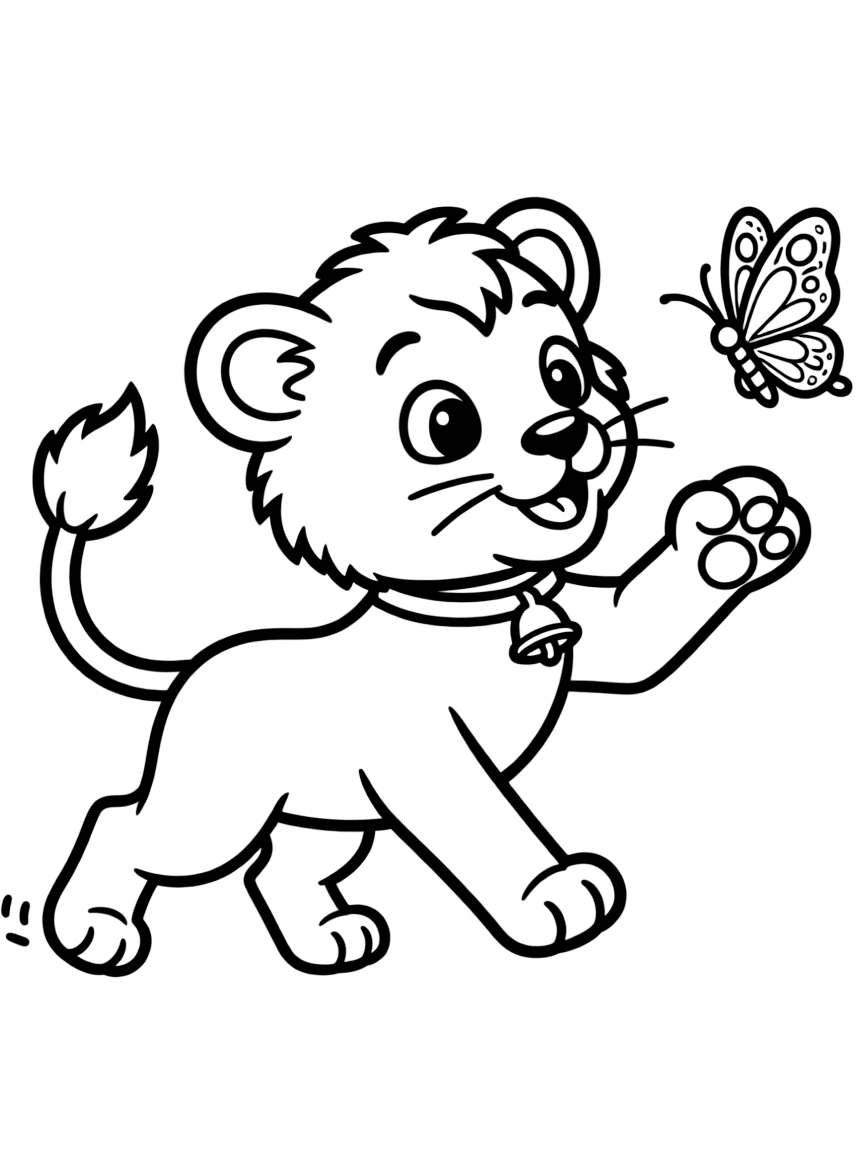 A lion cub chasing a butterfly.