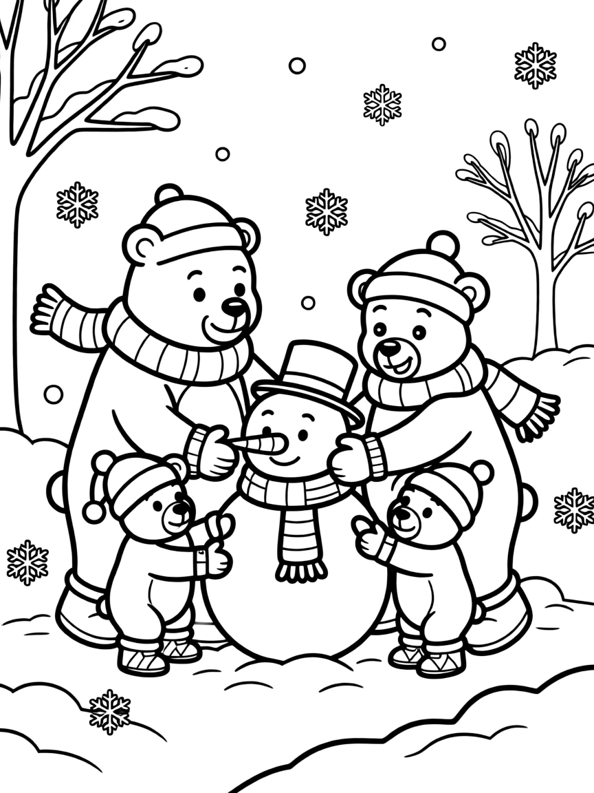A bear family playing in the snow.