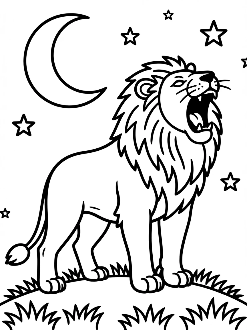 A lion roaring at the night sky.