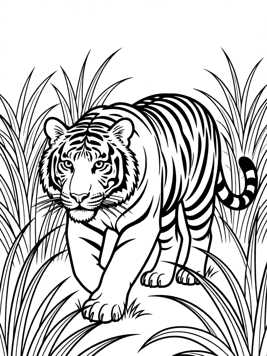 A tiger stalking prey in tall grass.