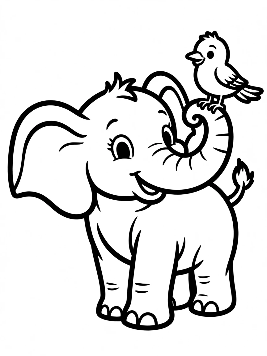 An elephant calf playing with a bird.