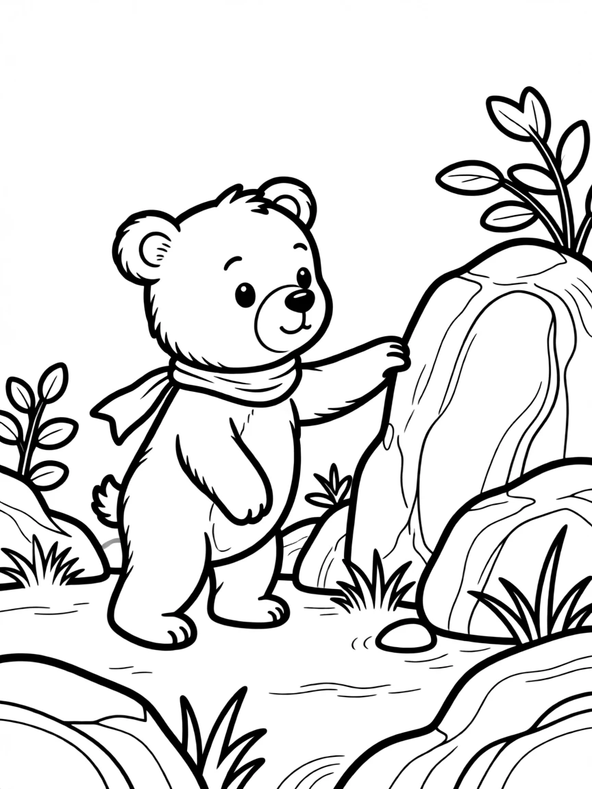A bear cub exploring a rocky terrain.
