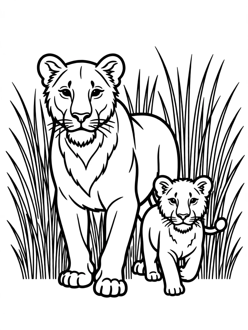 A lioness leading her cubs through tall grass.
