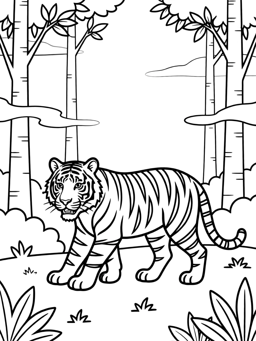 A tiger walking through a misty forest.