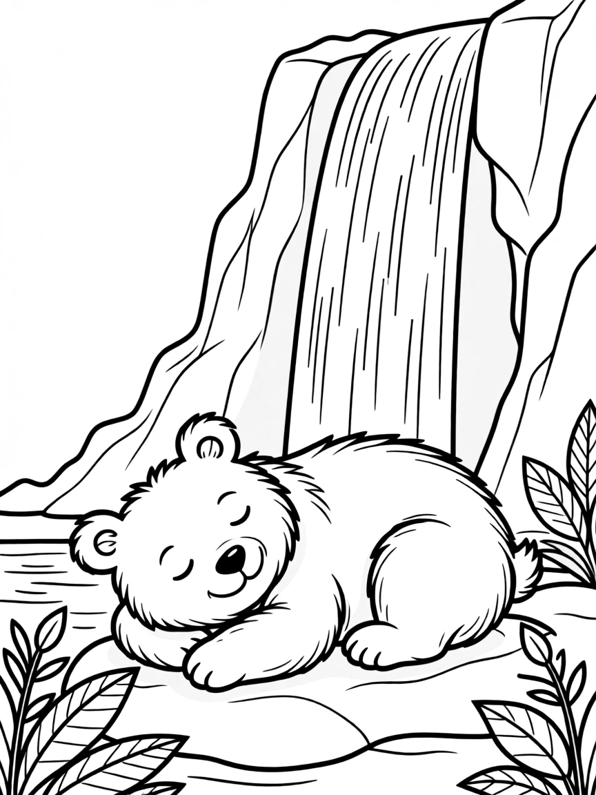 A bear resting under a waterfall.