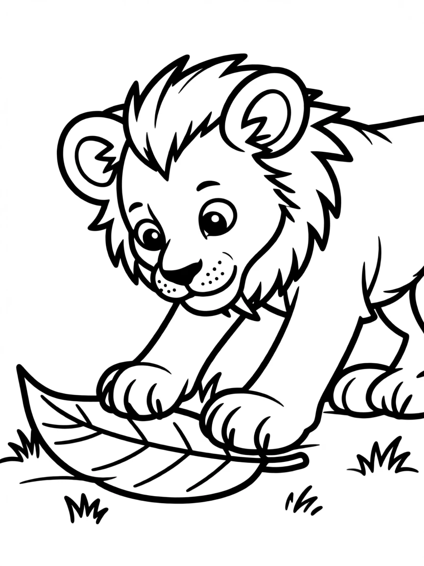A lion cub playing with a fallen leaf.