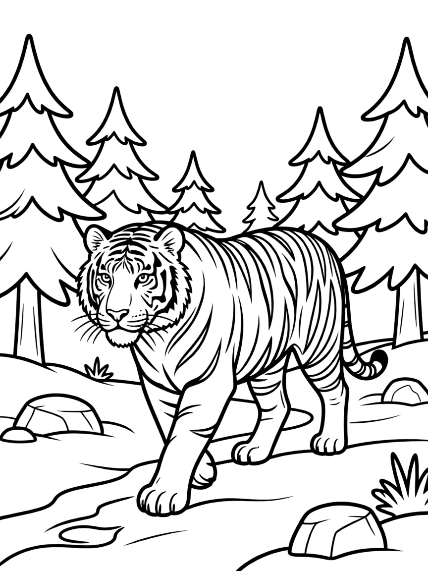 A tiger walking through a snowy forest.