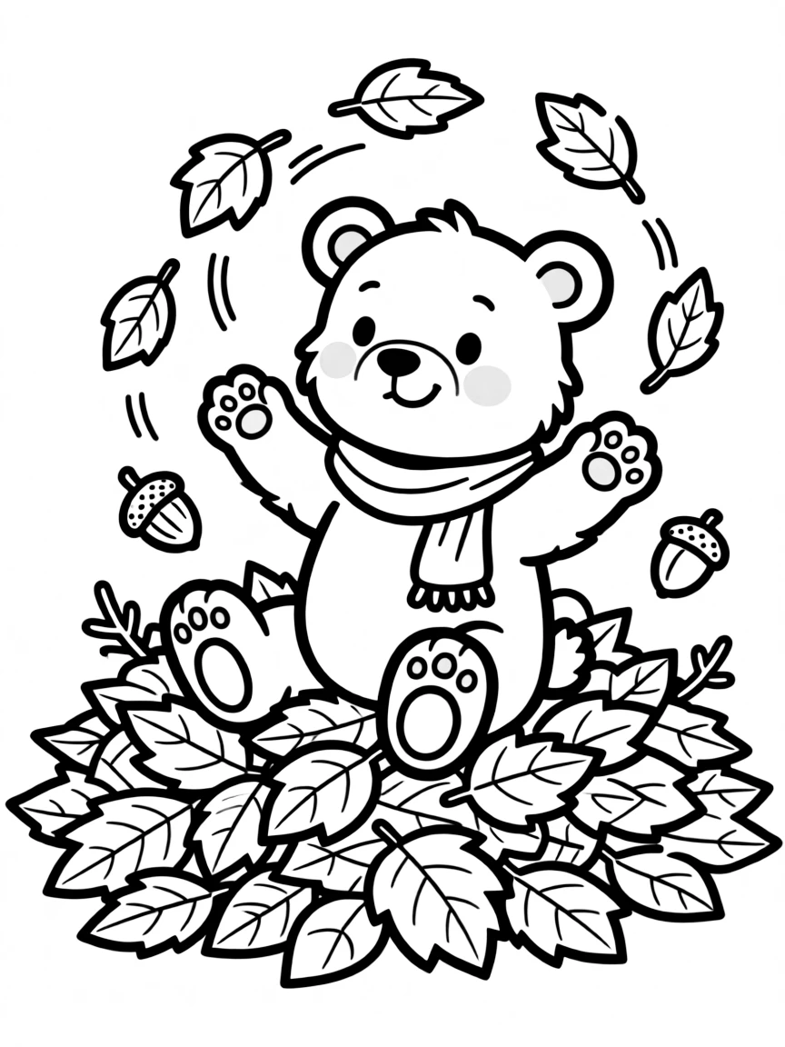 A bear cub playing in a pile of leaves.