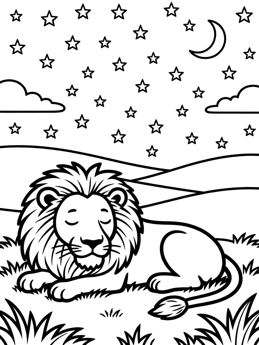 A lion resting under a starry sky.