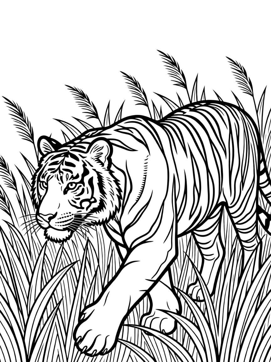 A tiger stalking prey in tall grass.