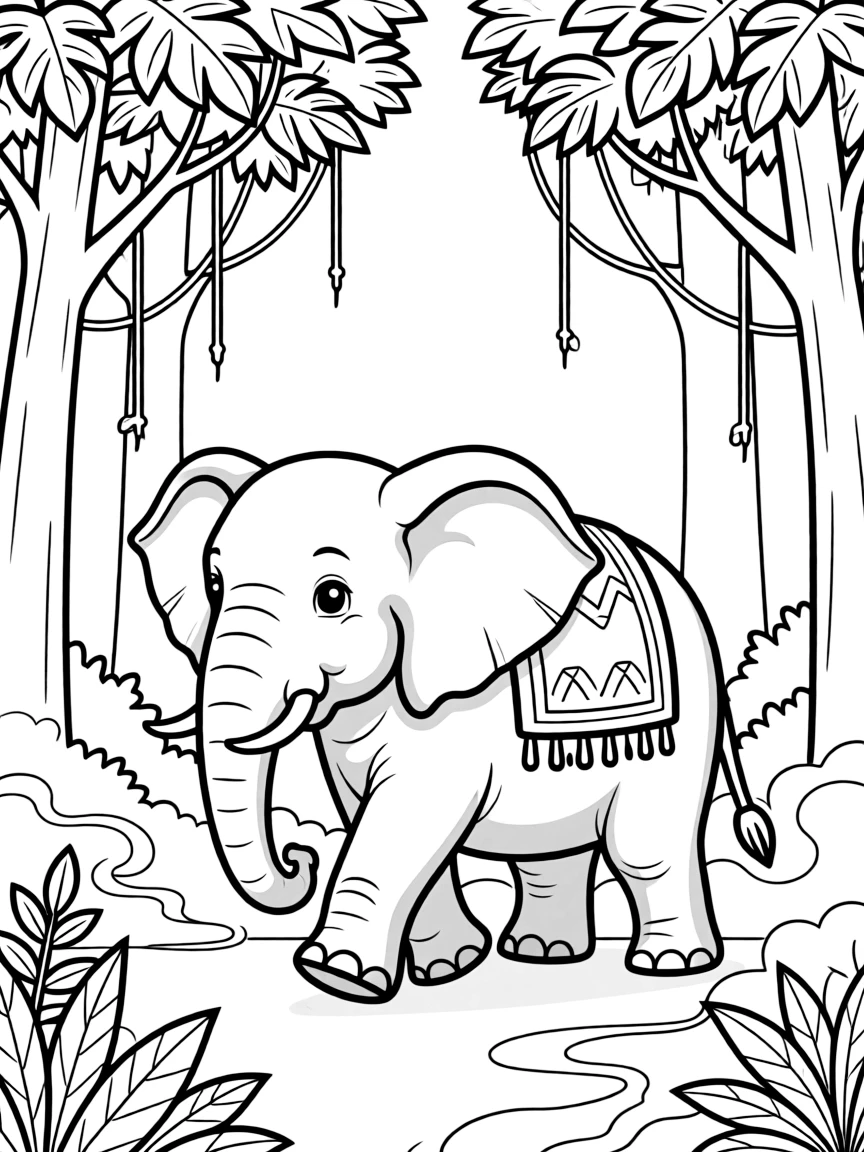 An elephant walking through a misty jungle.