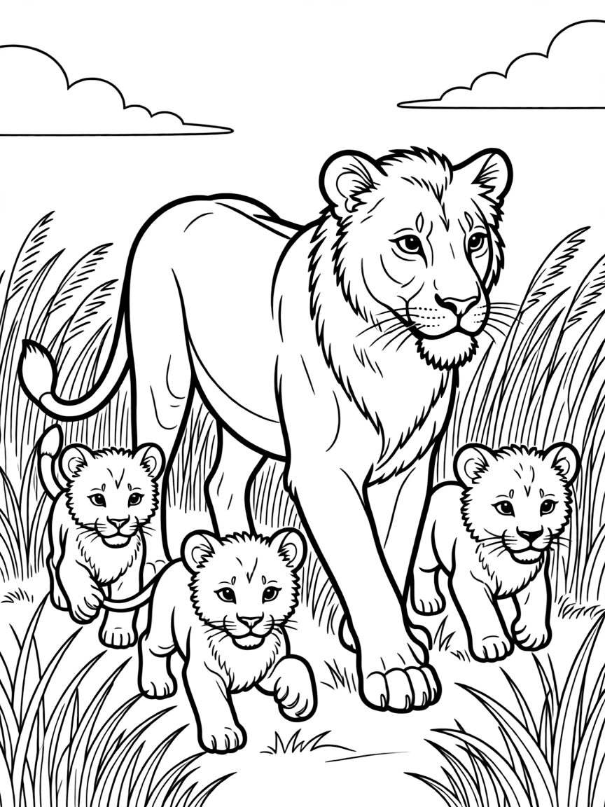 A lioness leading her cubs through tall grass.