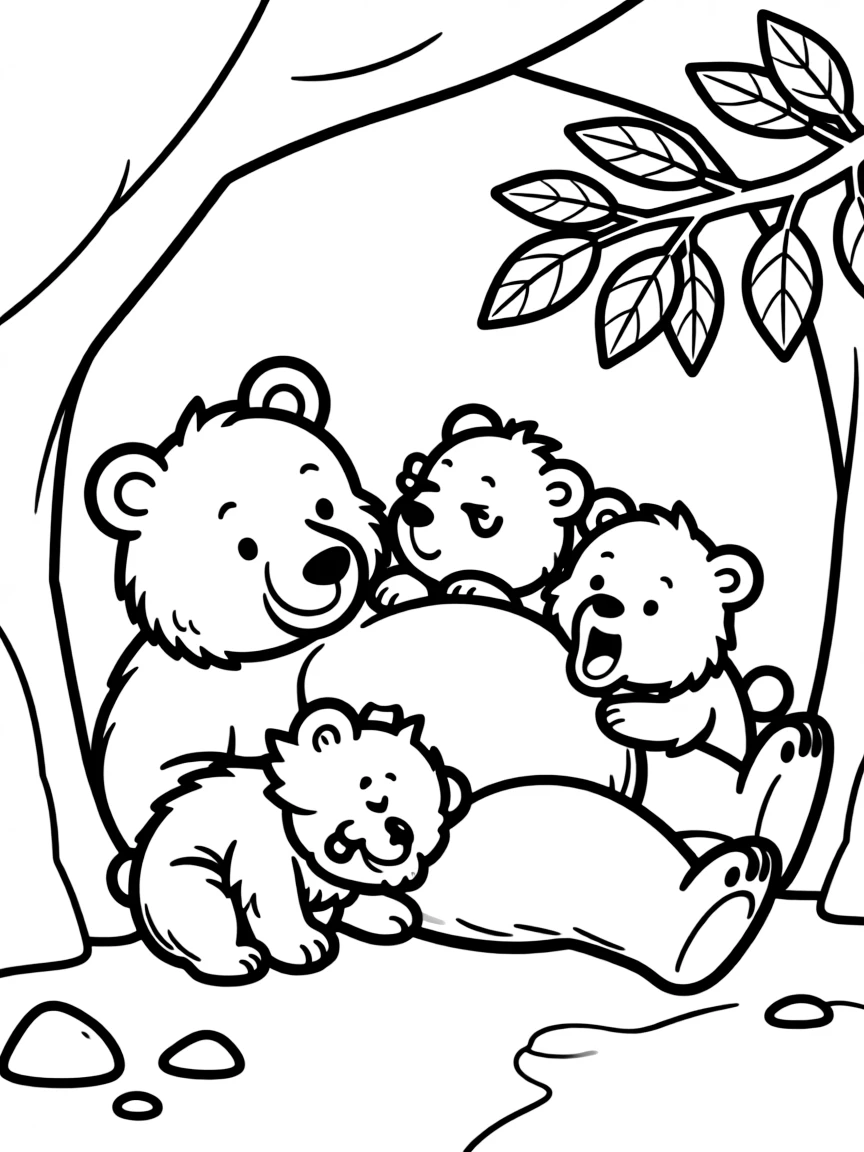 A bear family resting in a cave.