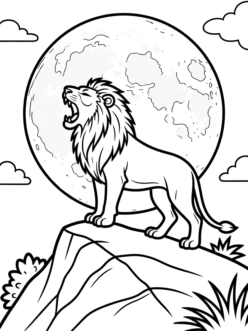 A lion roaring at the full moon.