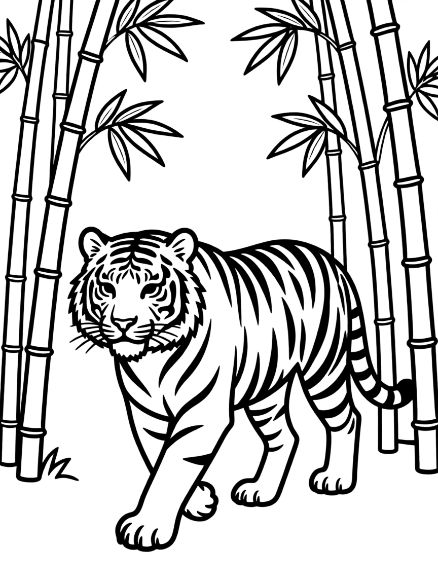 A tiger walking through a bamboo forest.