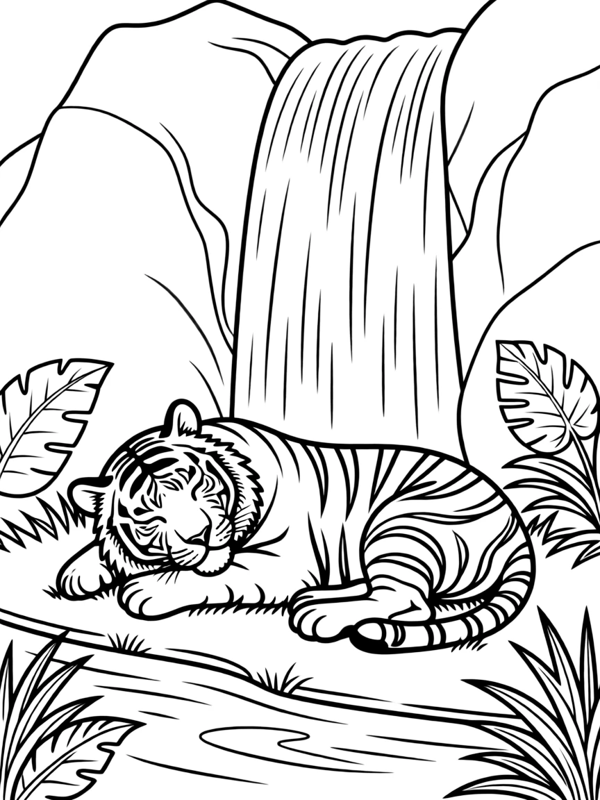 A tiger resting under a waterfall.