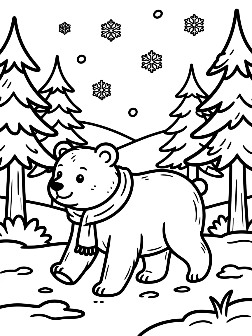 A bear walking through a snowy forest.