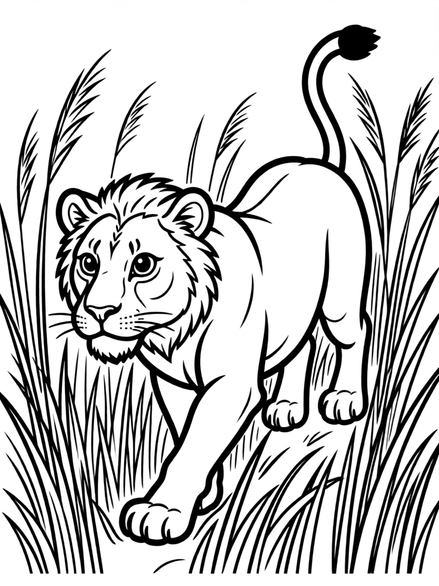 A lioness hunting in tall grass.