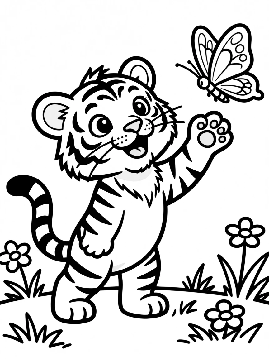 A tiger cub playing with a butterfly.