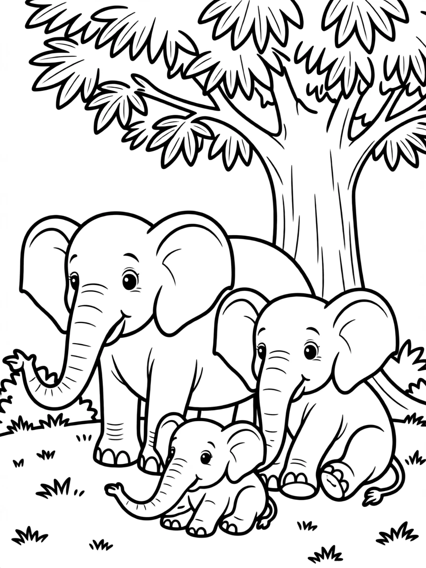 An elephant family resting under a large tree.