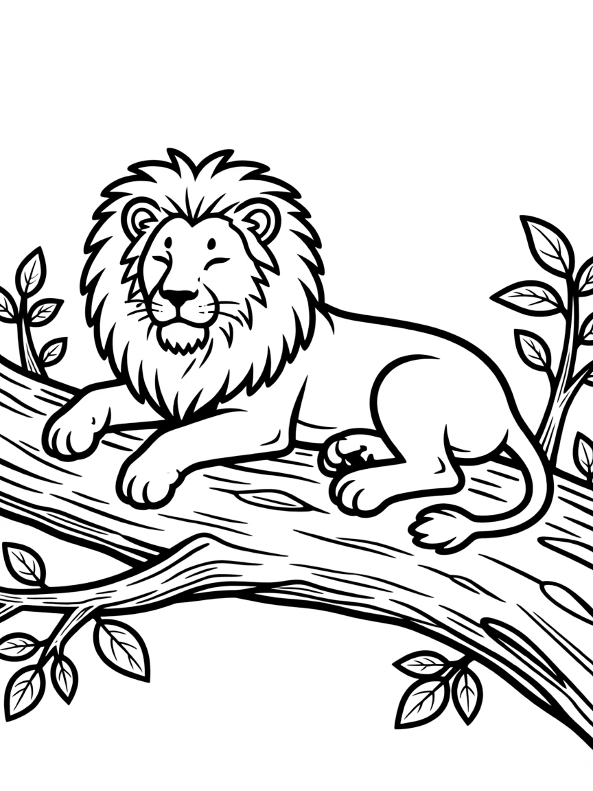 A lion resting on a fallen tree.