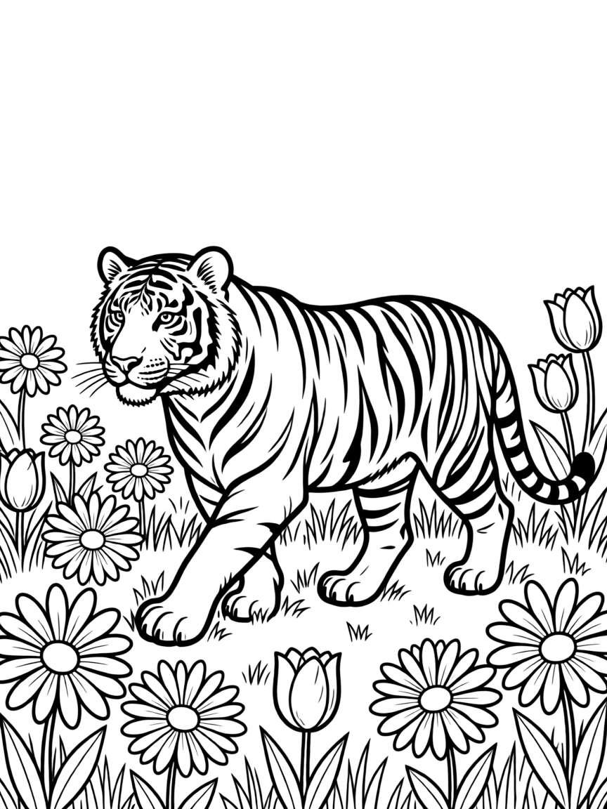 A tiger walking through a field of flowers.