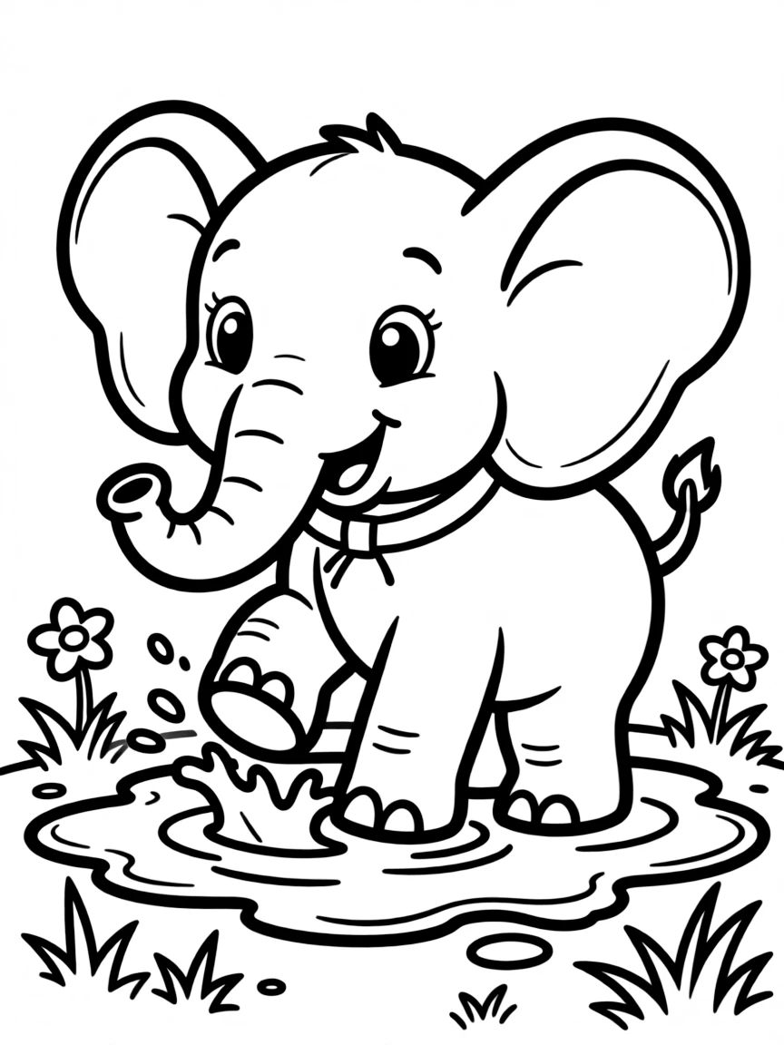 An elephant calf playing in a mud puddle.