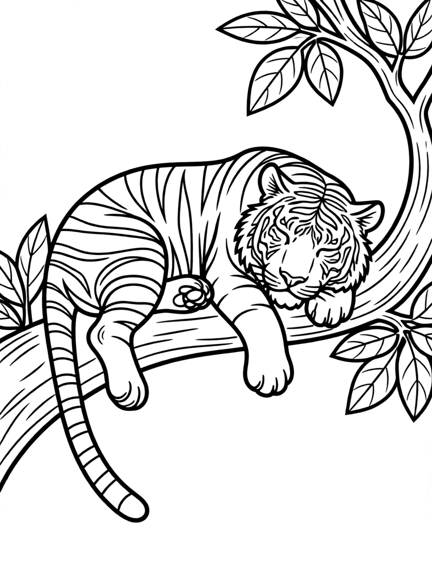 A tiger resting on a tree branch.