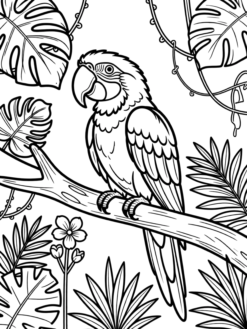 A colorful parrot perched on a tree branch in the jungle  