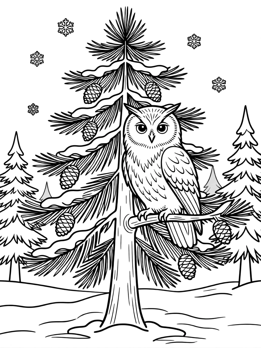 A snowy owl sitting on a pine tree in a winter forest  