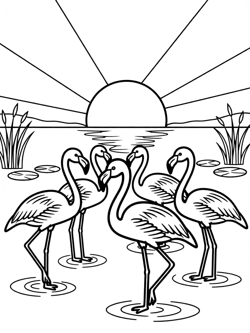 A flock of flamingos standing in a shallow lake at sunset  