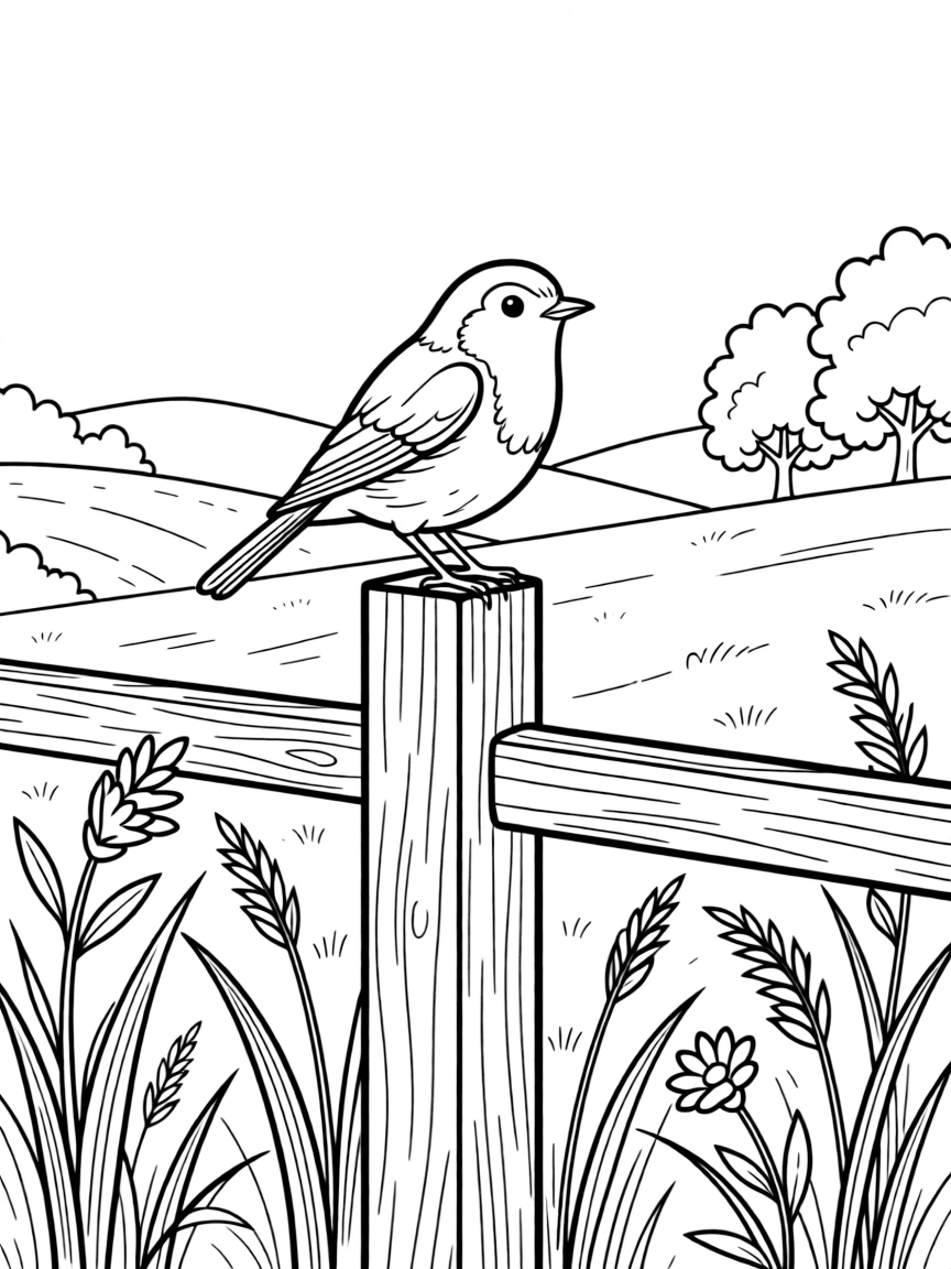 A tiny robin sitting on a fence post in a countryside field  