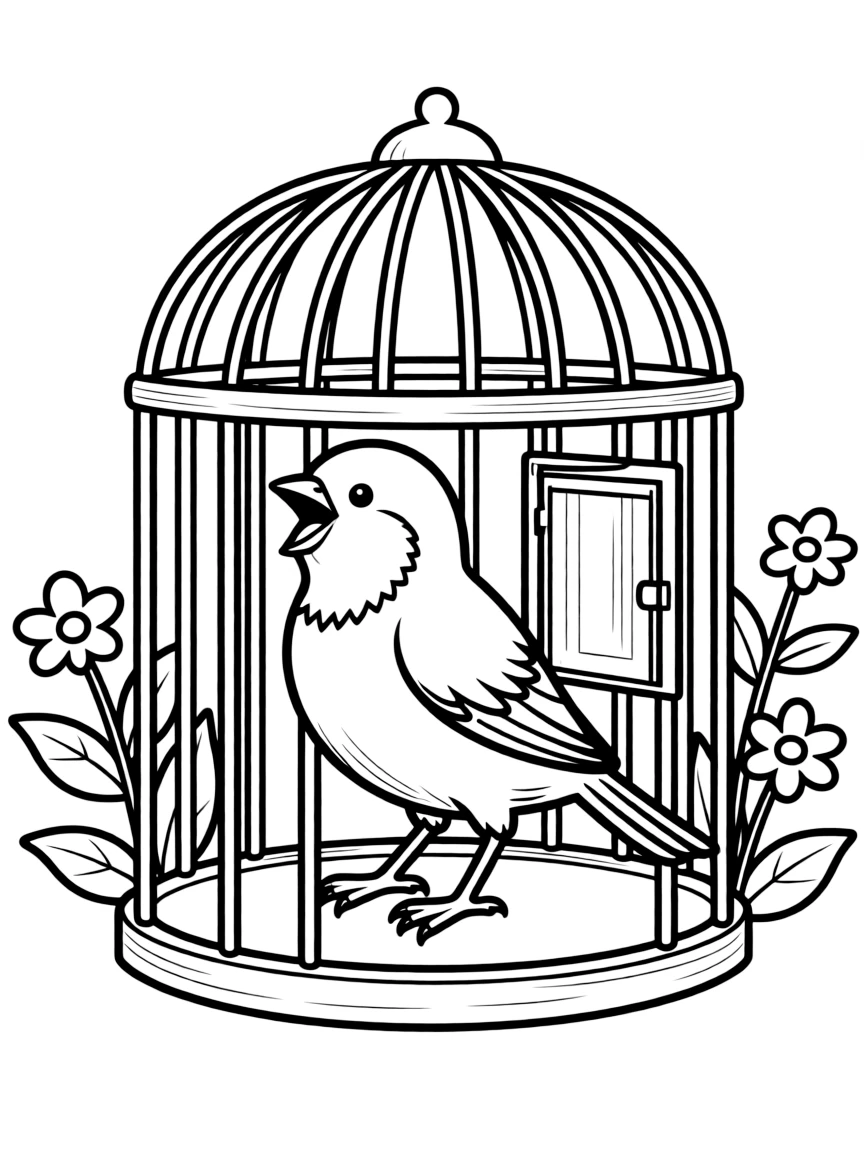 A canary singing inside a wooden birdcage  