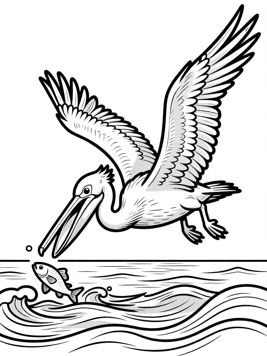 A pelican catching fish in the ocean  