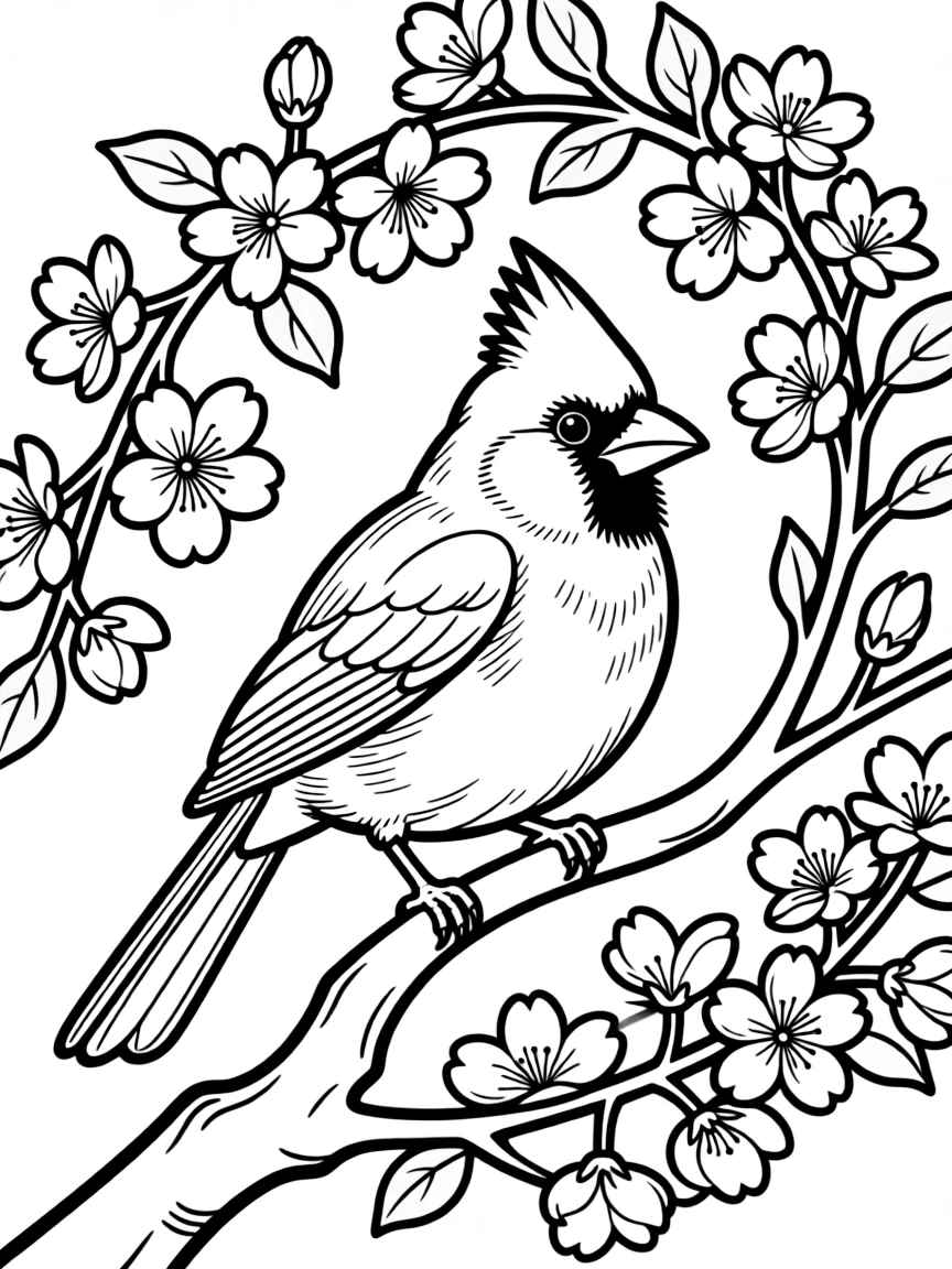 A cardinal sitting on a blooming cherry blossom tree  