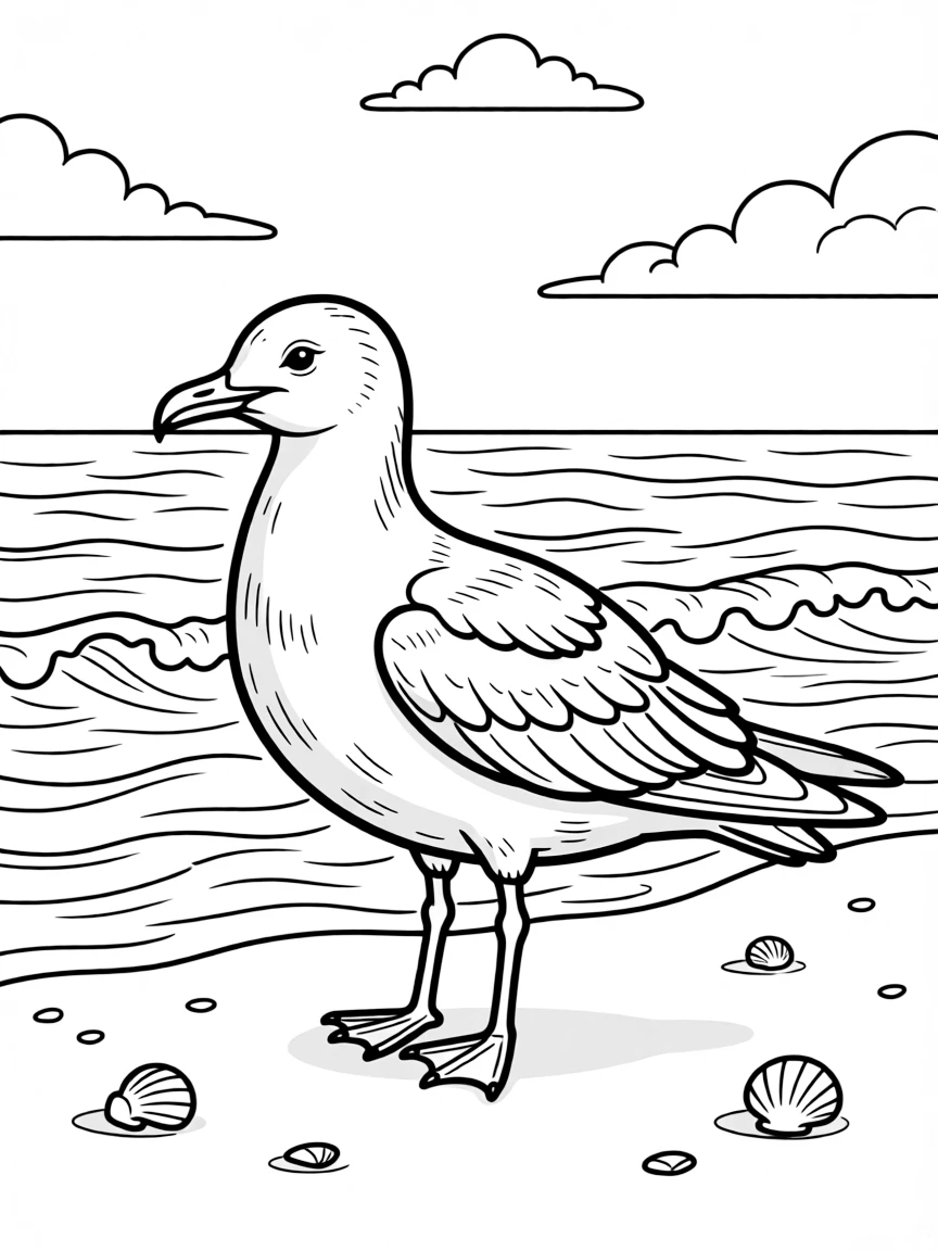 A seagull standing on the beach with ocean waves behind it  